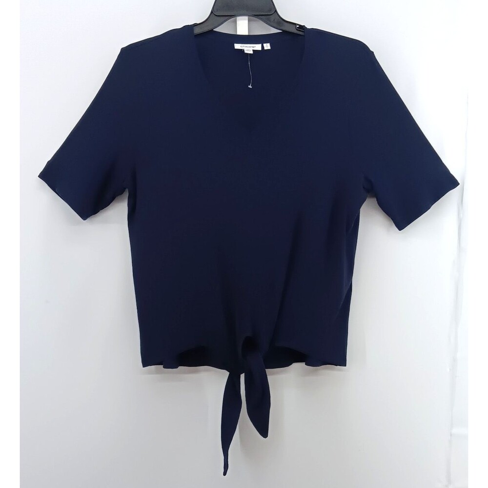 Chicos Shirt Womens Size 2 Dark Navy Blue Short Sleeve V Neck Tie Front Top